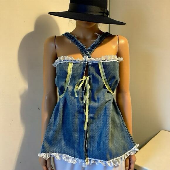 VTG OldNavy BlueDenim LaceTrim Corset Coquette Babydoll Handmade Up cycle L/XL - Picture 13 of 13